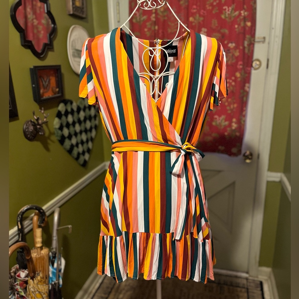 Collectif Colorful Yellow Teal White Striped Ruffle Mini Dress UK 18 2X US 14
